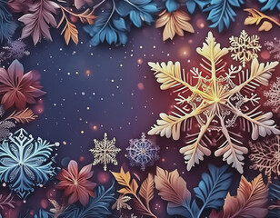 Wall Mural - Border of Mauve, Gold and Blue Snowflakes on Navy Blue Background Illustration AI