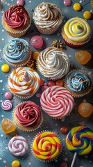 Wall Mural - Assortment of Colorful Cupcakes and Lollipops with Swirl Frosting and Sprinkles - Delicious Sweet Treats and Candy in Vibrant Colors