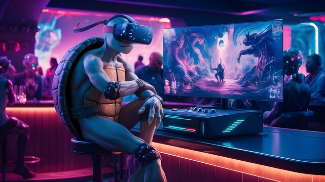 A neon-lit scene of a turtle perched on a bar stool, engrossed in a virtual reality game in a cyberpunk style