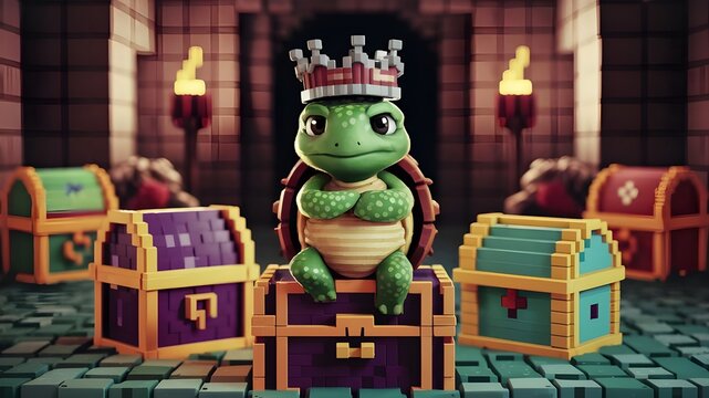 A pixel art turtle wearing a tiny crown, surrounded by pixelated treasure chests in a classic RPG style