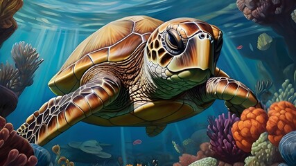 Wall Mural - A detailed oil painting of a majestic sea turtle swimming through a coral reef, with a handheld game console tucked under its arm in a surreal style