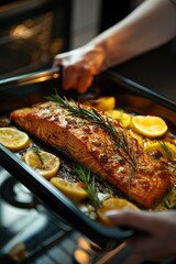 Wall Mural - a woman takes salmon out of the oven. selective focus