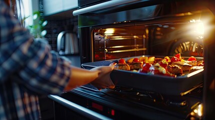 a woman takes fish out of the oven. selective focus