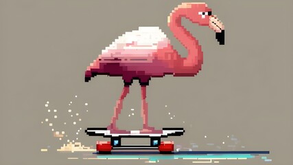 A pixel art flamingo performing a series of impressive tricks on a retro 8-bit skating game