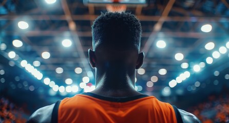 Wall Mural - Basketball Player Standing on Court During Game With Blurred Crowd in Background