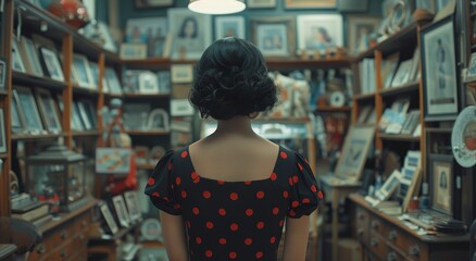 Black Polka Dot Dress Displayed in Antique Shop Window