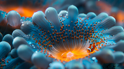 A close-up of a nature coral reef anemone with clownfish nestled inside