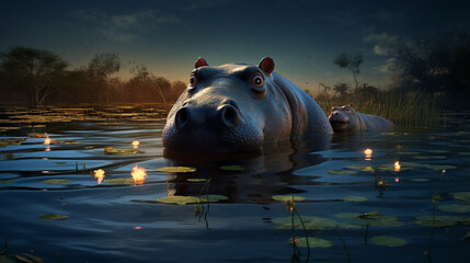 Wall Mural - hippopotamus in river with baby