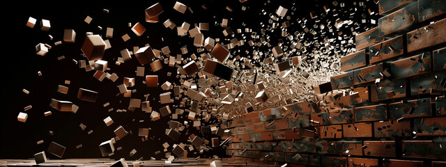 Wall Mural - A monumental explosion rips through a sturdy brick barrier, pulverizing the wall into a cloud of debris.