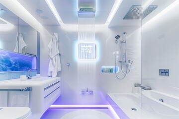 Wall Mural - A futuristic bathroom with a smart mirror displaying weather and time, sleek white surfaces, LED lighting, and a rainfall showerhead with mood lighting