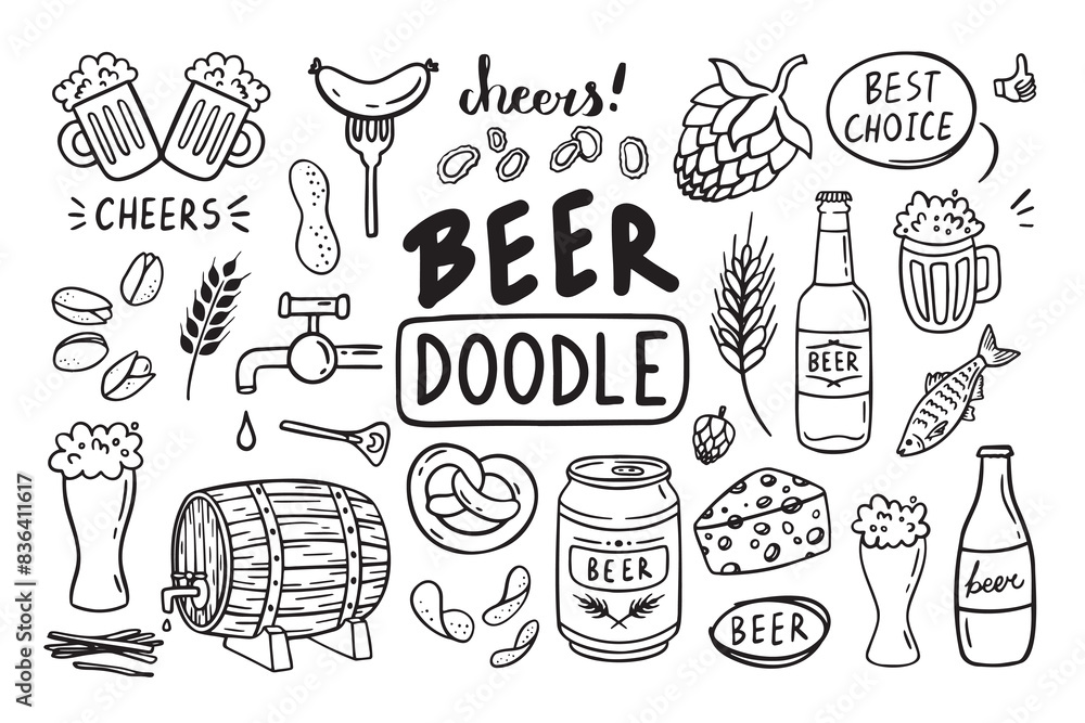 Doodle beer outline set. Hand drawn pub elements. Stock Vector | Adobe ...