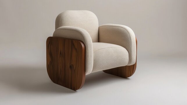 A minimalistic wood chair with beige fabric and rounded and square shapes. The chair is