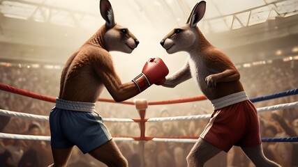 Wall Mural - Two kangaroos facing off in a boxing ring, mid-punch, with a cheering crowd in the background in a classic sports illustration style
