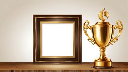 Wall Mural - golden trophy and picture frame with wooden border. Isolated illustration