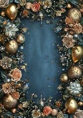 Elegant festive floral border with gold and bronze decorations on blue background, perfect for holiday greetings and seasonal celebrations