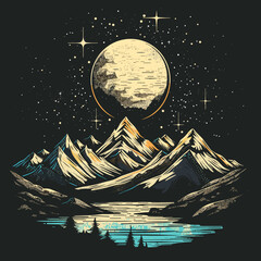 Wall Mural - Mountain and moon. Vector hand drawn illustration with vintage style.