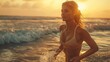 © Maxim Borbut - Woman jogging on beach in the morning, shot from the side.
