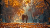 In Pushkin Park, people walk on the autumn road. Beautiful scenery.