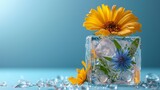 Yellow dandelion and yellow and blue flower on blue background of an ice cube.