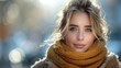 © Maxim Borbut - Model wearing a winter coat and scarf standing in the street with a sunny backdrop. Pretty female with straight hair wearing a winter coat and scarf.
