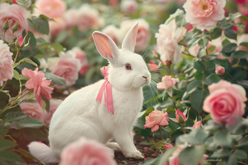 Wall Mural - A white rabbit is sitting in a field of pink flowers