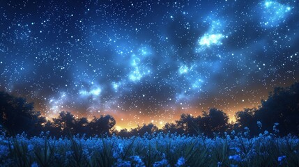 Wall Mural - thousands of stars above a field of trees in a dark blue night sky.