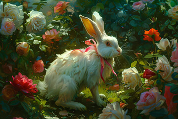 Wall Mural - A white rabbit is sitting in a field of pink flowers