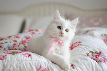 Wall Mural - A white kitten is laying on a bed with a pink bow around its neck
