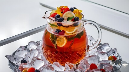 Set of fresh cold tea with fruits berries and ice on white