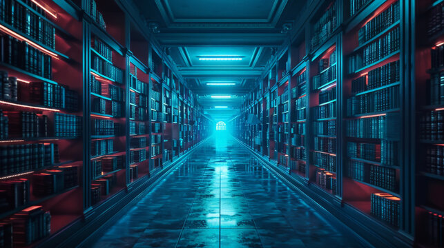 background of a library corridor full of books