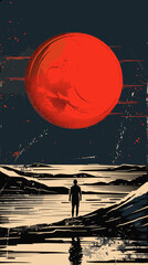 Wall Mural - Illustration of a man standing on a rock in front of the moon.