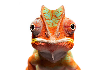 Cute young chameleon looking at camera. Head close-up portrait of chameleon. White Isolated background. Generative AI
