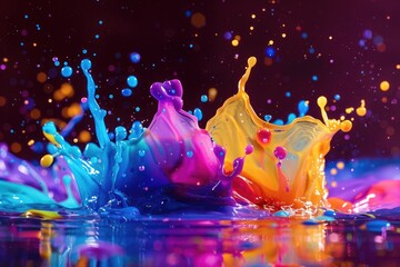 Poster - A detailed view of a vibrant paint splash on the surface of calm water, ideal for use in design and art projects