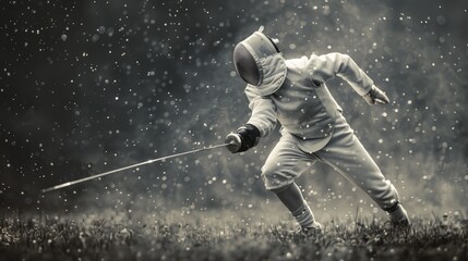 Sticker - A person dressed in a fencing suit holds a sword, suitable for historical or sports-related contexts