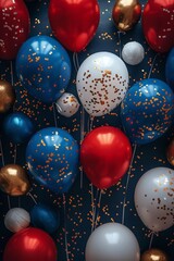 Wall Mural - Festive Red, White, And Blue Balloons With Gold Confetti On Blue Background