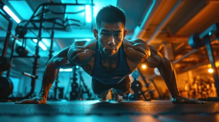 Wall Mural - A person performing push-ups on a mat in a fitness center