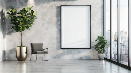 Wall Mural - Empty picture frame mockup on a wall vertical frame mockup in modern minimalist interior with plant in trendy vase on wall background, Template for painting, photo or poster