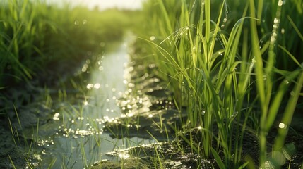 Canvas Print - A serene scene of a gentle stream running through a lush green field, perfect for use in images of natural landscapes or serene environments