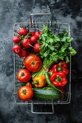 Poster - A colorful display of fresh vegetables in a metal basket, perfect for grocery shopping or cooking inspiration