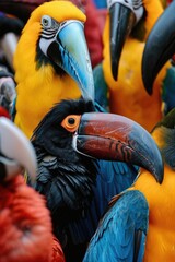 Wall Mural - A group of vibrant birds standing side by side, showcasing their unique plumage and feather patterns