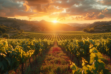 Sticker - A picturesque vineyard under a golden sunset. Concept of cultivated landscapes and agricultural beauty. Generative Ai.