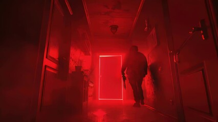 Poster - A person sitting or standing in a dimly lit room with a red light source.