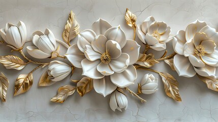 Wall Mural - Volumetric abstract flowers on a concrete wall with gold elements.