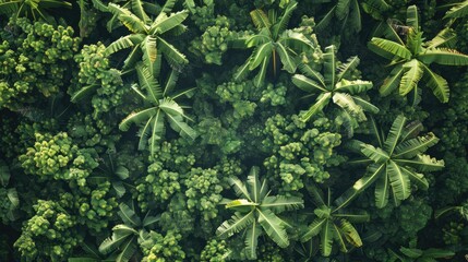 Aerial perspective of banana trees with a blurred backdrop of dense treetops