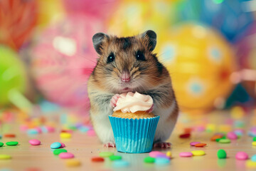Wall Mural - A hamster is holding a cupcake in its mouth