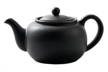 A sleek matte black teapot with a lid, presented on a transparent, white background ready to be used as a png