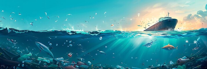 Wall Mural - ocean cleanup technology in action a diverse group of fish, including white, blue, orange, and small white fish, swim in the blue waters alongside a large ship