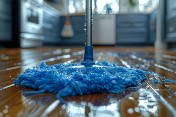 Sticker - Mop gliding across gleaming hardwood floors in a spacious kitchen. Concept of maintaining a neat and tidy home environment. Generative Ai.