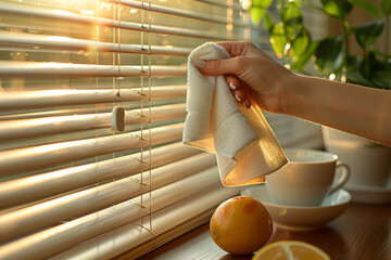 Canvas Print - Window blinds being dusted with a microfiber cloth in a sunlit dining area. Concept of regular household upkeep for a clean and healthy home environment. Generative Ai.