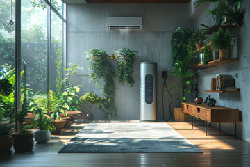 Canvas Print - Air ionizer purifying the atmosphere in a home gym, creating a conducive environment for workouts. Concept of promoting health and wellness at home. Generative Ai.